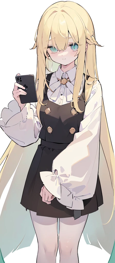 (((Long blonde Beautiful Hair))),blonde hair,kawai,(((Eyes visible from bangs,hair over eyes:1.3))),,Huge breasts,(cyan green color eyes),,(cyany slanted eyes),1girl in,bangs,long gray hair, pantyhose,Cowboy Shot,white background,short hair,smiled,(Wearing a white cream colored hodie), (Wearing a Korean style brown vest), ((Wearing a short black skirt that reaches above the thighs)) Bangs should be long to the tip of the chin...(((Hands focused on holding a handphone))), Kitchen room background, Perfect arm fingers,,, 1 girl, ((The image must match the tag)) Bangs almost cover the eyes full body (The character's entire body from top to bottom is completely visible)