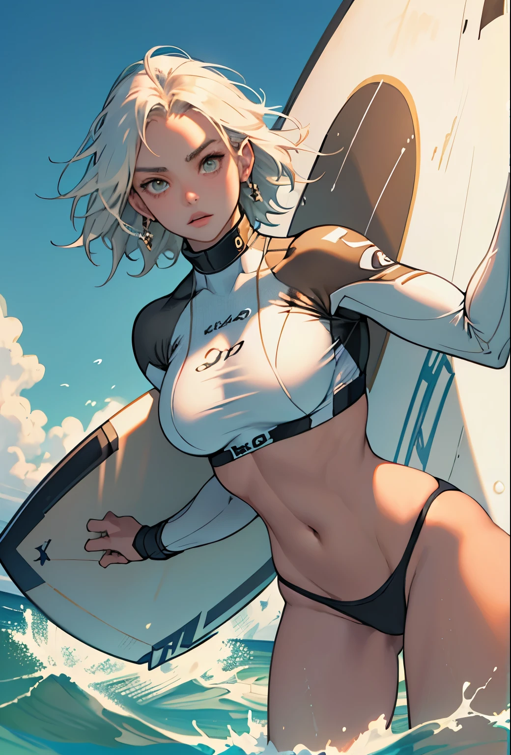 masterpiece, (Textured skin), Highest quality, Gorgeous beautiful girl, (female surfer), Detailed clothing,Large Breasts,Tight waist,, (Beautiful Face), Cinema Lighting, (At the surfing venue ), Holding the board,