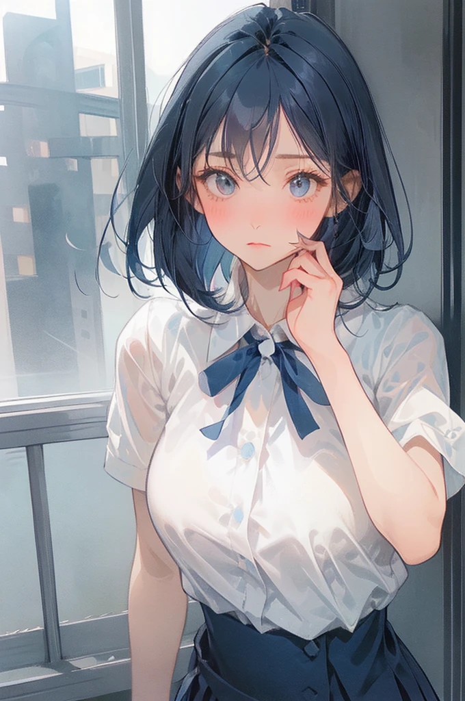 独奏、Big Breasts、Stand with your legs spread wide、(Dark blue pleated skirt Dark blue、Dark blue micro mini skirt dark blue、Sailor suit summer uniform、Short sleeve white shirt、Navy Blue Ribbon)、(Big Breasts、slim、Slimming、Muscular、Beautiful Abs、Bare thighs)、(White, pale pink or pale blue panties、BREAK Panty Drop、Pussy、Pussyライン、Erotic thighs)、(I opened my mouth slightly、Sexy look、Blushing)、(Kyoto Animation Style、Dark blue shorthair、(Dark blue hair:1.7)、Blunt bangs、Hair between the eyes、Clear Eyes、Dark Eyes)、NSFW、high school girl、high school、classroom