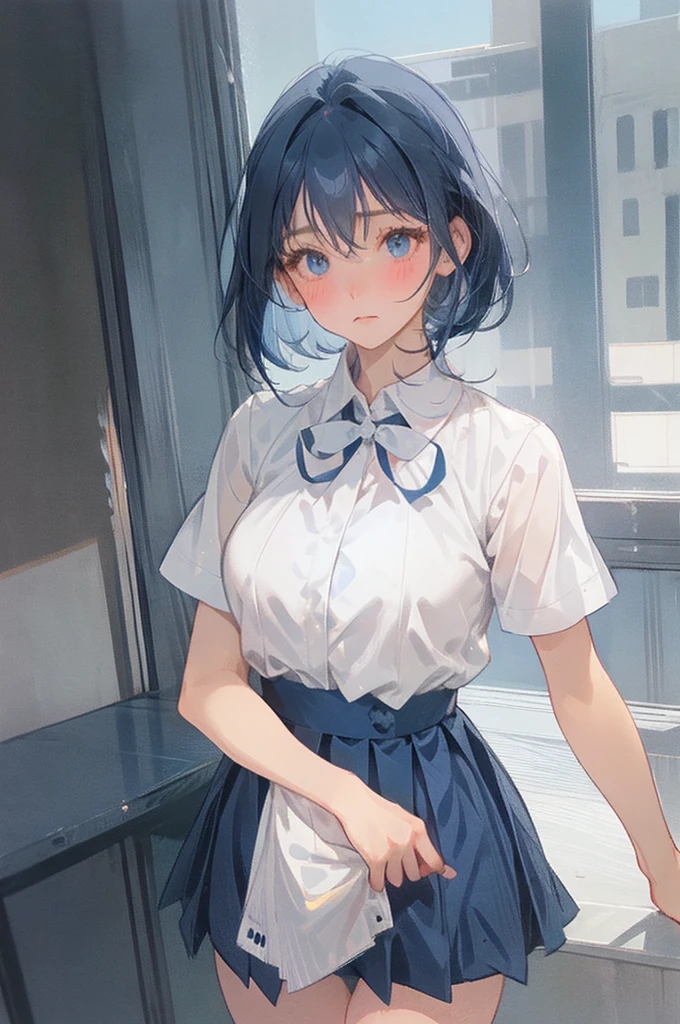 独奏、Big Breasts、Stand with your legs spread wide、(Dark blue pleated skirt Dark blue、Dark blue micro mini skirt dark blue、Sailor suit summer uniform、Short sleeve white shirt、Navy Blue Ribbon)、(Big Breasts、slim、Slimming、Muscular、Beautiful Abs、Bare thighs)、(White, pale pink or pale blue panties、BREAK Panty Drop、Pussy、Pussyライン、Erotic thighs)、(I opened my mouth slightly、Sexy look、Blushing)、(Kyoto Animation Style、Dark blue shorthair、(Dark blue hair:1.7)、Blunt bangs、Hair between the eyes、Clear Eyes、Dark Eyes)、NSFW、high school girl、high school、classroom