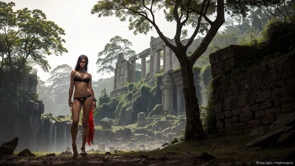 best qualityer, work of art, (realisitic:1.2), 1 girl, standing alone, Headshots, trunk, (Silhouette Lighting:1.2), tattooed red tribal, (darkskin:1.2), Tribal Bikini, face painting, face marker, hourglass figure, ancient ruins at dusk, Indian twilight in the forest, beautiful breasts sample