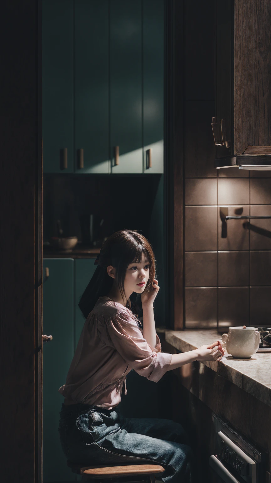 there is a woman sitting on a kitchen counter talking on a cell phone, a picture by Kentaro Miura, tumblr, shin hanga, nostalgic melancholic artwork, anaglyph effect ayami kojima, anime. soft lighting, in the kitchen, kuvshinov, cinematic shot ar 9:16 -n 6 -g