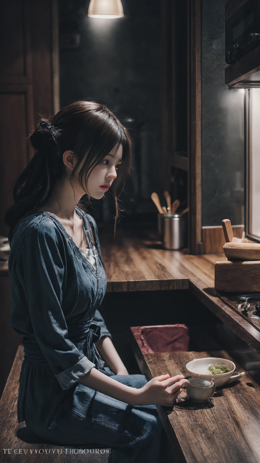 there is a woman sitting on a kitchen counter talking on a cell phone, a picture by Kentaro Miura, tumblr, shin hanga, nostalgic melancholic artwork, anaglyph effect ayami kojima, anime. soft lighting, in the kitchen, kuvshinov, cinematic shot ar 9:16 -n 6 -g