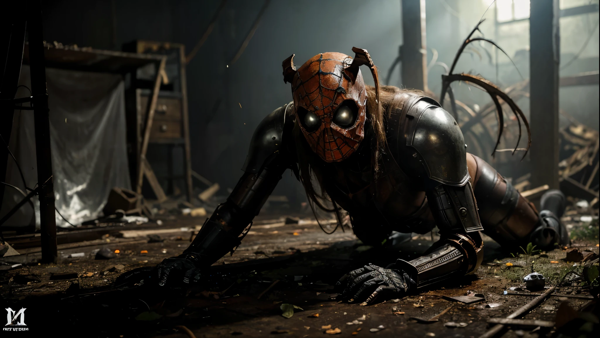 In the abandoned basement, Old wood decays., dark, and full of spider webs, vine, and weeds. There is a fish-headed animal with fangs.. Has a body mixed with a cyborg., Rusty Armor, The floor is dirty., scattered skulls. Deep orange tones, intricate details. Ultra high resolution Built with the aesthetics of Unreal Engine 5, With additional fog and more intricate details.. horror movie scene