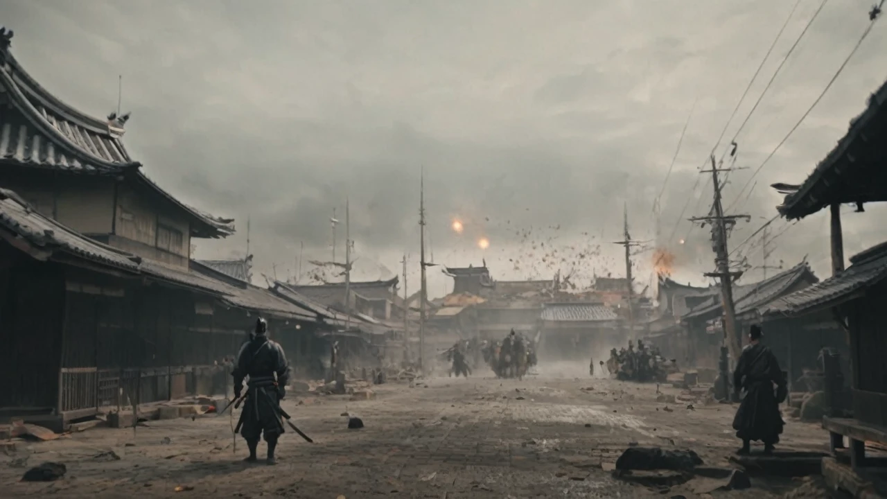 A samurai standing showing his back, holding katana, watching towards the battlefield where people fighting, full of chaos and war, scary atmosphere, orange tone, (best quality,4k,8k,highres,masterpiece:1.2),ultra-detailed,(realistic,photorealistic,photo-realistic:1.37),detailed armor, detailed kimono, highly detailed facial features, detailed samurai sword, dramatic lighting, dynamic motion blur, cinematic composition, gritty texture, vibrant colors, dramatic shadows, military vehicles, explosions, smoke, combat, war scene