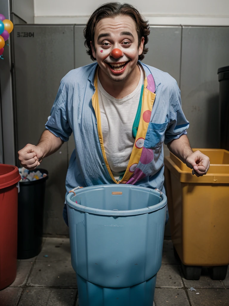 A thin, ugly man clown with big cheeks and big teeth holds a balloon while standing inside a trash can