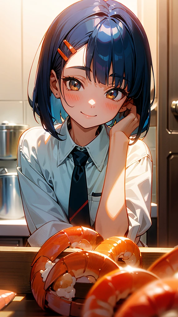 1 girl、Anime Images、Kitchen in the morning、Delicious food、shrimp、Shiny dark blue hair、Short Bob Hairstyles、Tie your hair with an orange hair clip、Beautiful brown eyes、smile、Upper body close-up、Sharp contours、Background Blur、Written boundary depth