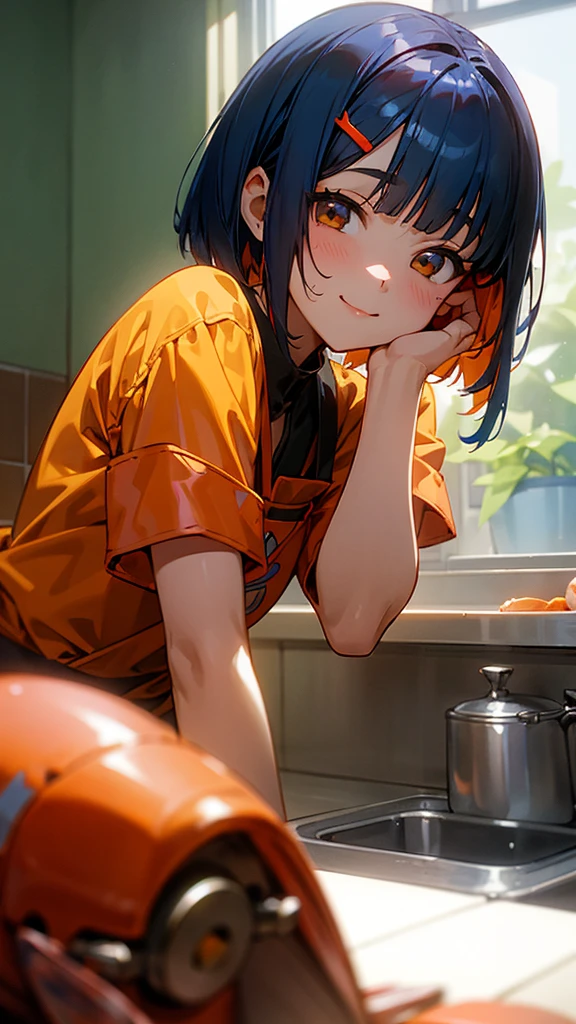 1 girl、Anime Images、Kitchen in the morning、Delicious food、shrimp、Shiny dark blue hair、Short Bob Hairstyles、Tie your hair with an orange hair clip、Beautiful brown eyes、smile、Upper body close-up、Sharp contours、Background Blur、Written boundary depth