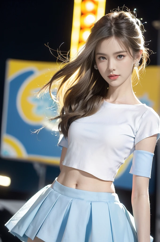 (((best quality))),(((ultra detailed))),(((masterpiece))),illustration,((a beautiful girl,solo)),((slim,thin)),((small breasts,flat chest,claviclis,navel)),(blue short-sleeved white shirt:1.5),(blue mini-skirt:1.3),(slender legs:1.2),(standing:1.3),(on the stage:1.3),((outside a shopping mall, at the entrance of a beer promotional event)),((surrounded by crowded crowds)),((her hair and the edges of her skirt fluttering in the air)),hair flows freely in the wind,fluttering skirt,expressive eyes,infectious smile,the stage adorned with colorful decorations,vibrant atmosphere,(night scene:1.3),(from front:1.3),(arms behind back:1.3),(upper body:1.3),
