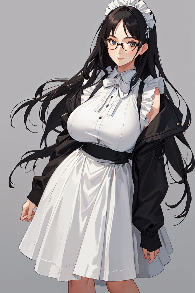 {{masterpiece}},high quality, 4K, 2D, 1 girl,{simple gray background},(attractive mature lady:1.6),milf,standing,sagging breasts,(gigantic breasts:1.5),maid,front face,{{tareme}},attractive mature lady,black hair, {from right in front of face and body},View viewers from front,{front facing shot},Wear glasses,(serious:0.1)
