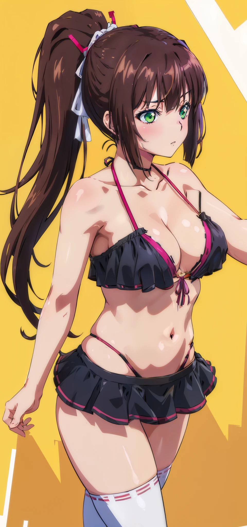 masterpiece, best quality,1girl,solo,kirasaka sayaka,brown hair,long hair,ponytail, hair ribbon, green eyes,,purple thighhighs, wariza, (bikini). Multiple views.