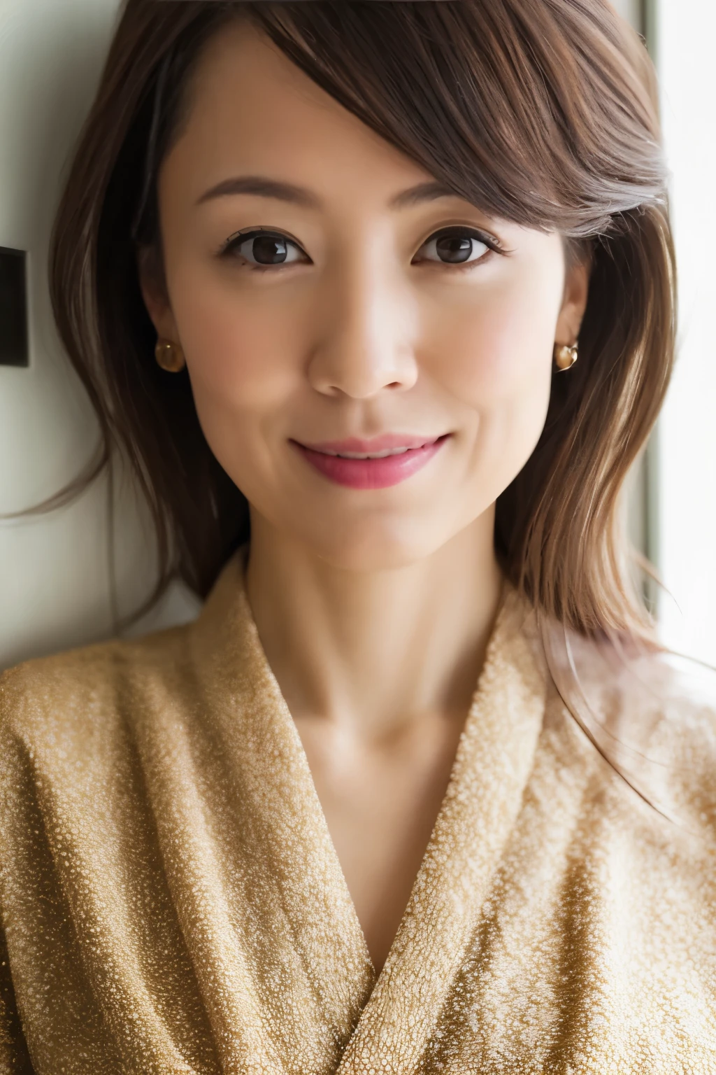 (best quality,highres,ultra-detailed),((portrait )),in japanese bathroom,1 beautiful Japanese lady, Smile,hair down,beautiful detailed eyes,beautiful detailed lips,extremely detailed face,long eyelashes,soft smile,medium breast,flowing hair,natural lighting, japanese elegant Kimono,in Japanese bathroom, shoulder, cinematic,