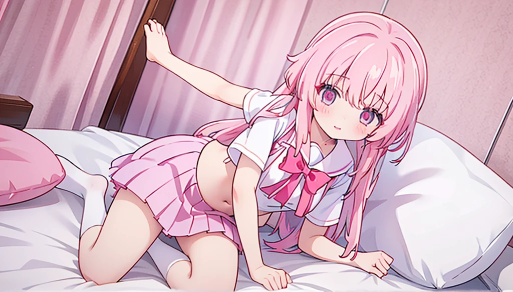 1girl,pink hair, pink eyes with love, detailed eyes, straight hair, straight bangs, shiny hair,
,red bowtie,purple skirt,purple shirt,pleated skirt,short sleeves,looking at viewer, high-definition,masterpiece,best quality, masterpiece, best quality, high resolution, aabeta, double, white bedroom background, sitting on a pink bed, slim waist, cute, sailor uniform (PastelColors: 1.3) 