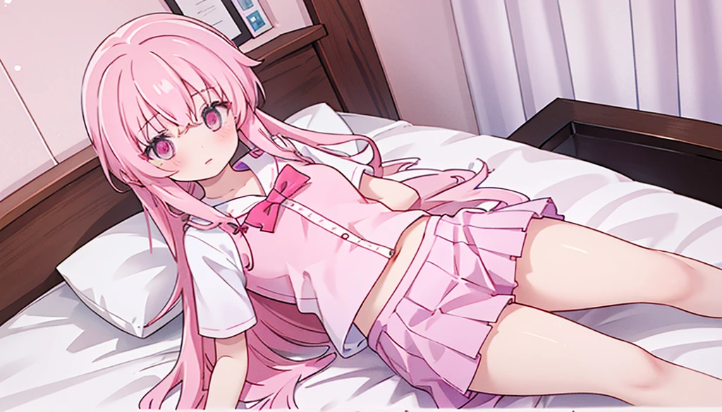 1girl,pink hair, pink eyes with love, detailed eyes, straight hair, straight bangs, shiny hair,
,red bowtie,purple skirt,purple shirt,pleated skirt,short sleeves,looking at viewer, high-definition,masterpiece,best quality, masterpiece, best quality, high resolution, aabeta, double, white bedroom background, sitting on a pink bed, slim waist, cute, sailor uniform (PastelColors: 1.3) 