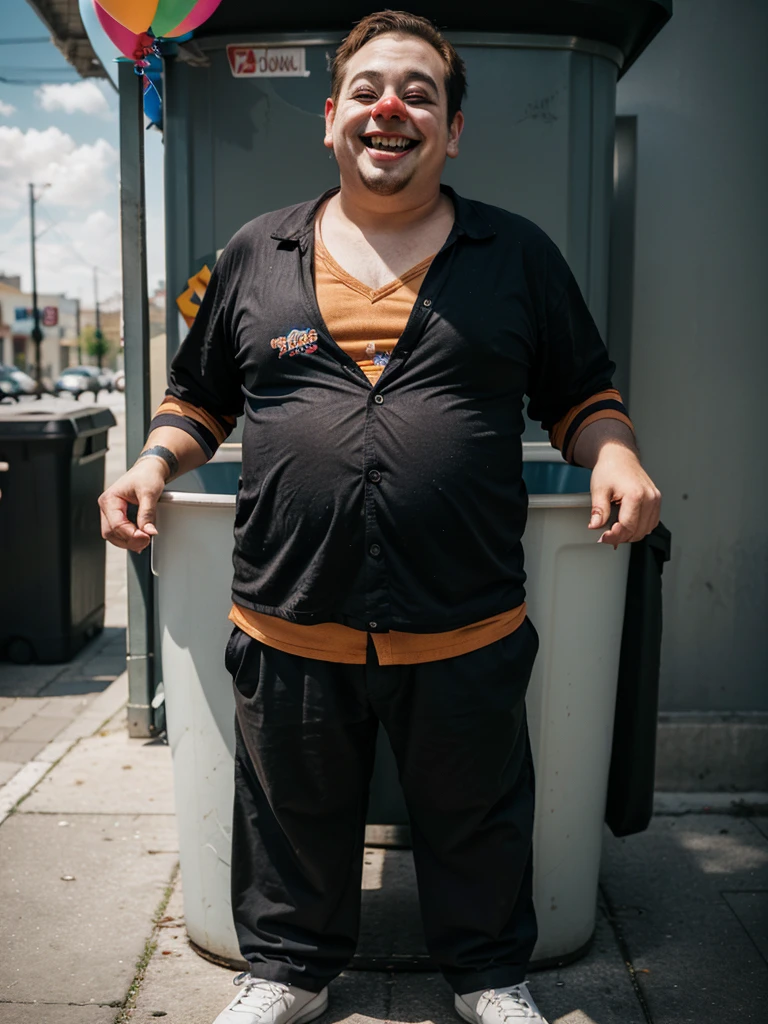 A thin, ugly man clown with big cheeks and big teeth holds a balloon while standing inside a trash can
