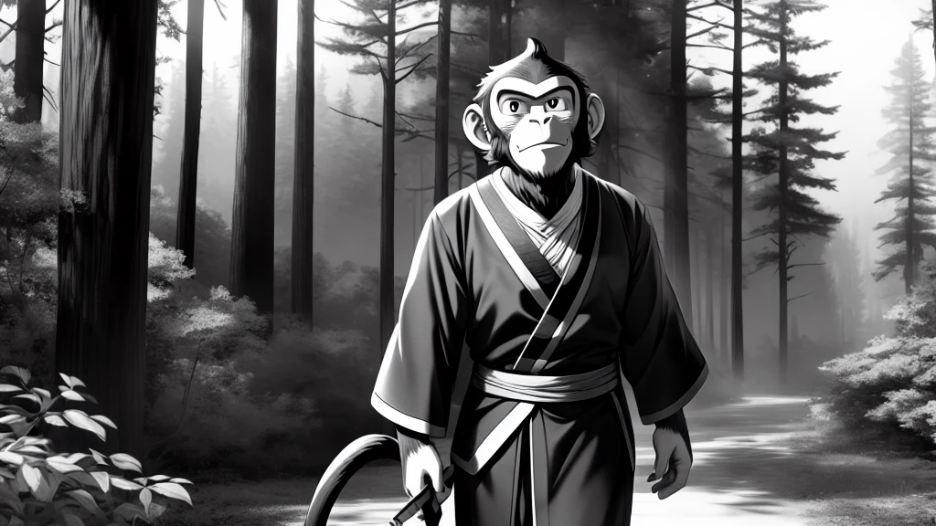 ((Masterpiece, high quality, best graphics, high definition, high definition, 4k)), old photo, vintage photo, 1 Monkey boy, (Solo), (((monkey ears, monkey tail))), ((upper body)), Wooden Katana in right hand, old samurai suit, old samurai pants, (ribbon on waist), wooden sandals, looking away, standing, ((Monochrome, grayscale, pencil style, old movie style, noise, VHS movie, anime style)), (forest background, trees, tree shadow, grass, (((Saru to kani no Gassen anime 1917 style))).