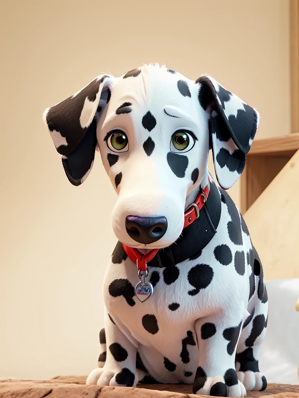 cute dalmatian, dog with red collar, tongue out, happy expression, vibrant colors, warm lighting, soft focus background, highly detailed, photorealistic, 8k, masterpiece, cartoon like design, disney like