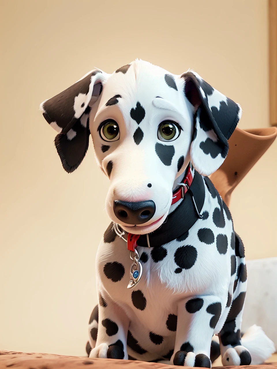 cute dalmatian, dog with red collar, tongue out, happy expression, vibrant colors, warm lighting, soft focus background, highly detailed, photorealistic, 8k, masterpiece, cartoon like design, disney like