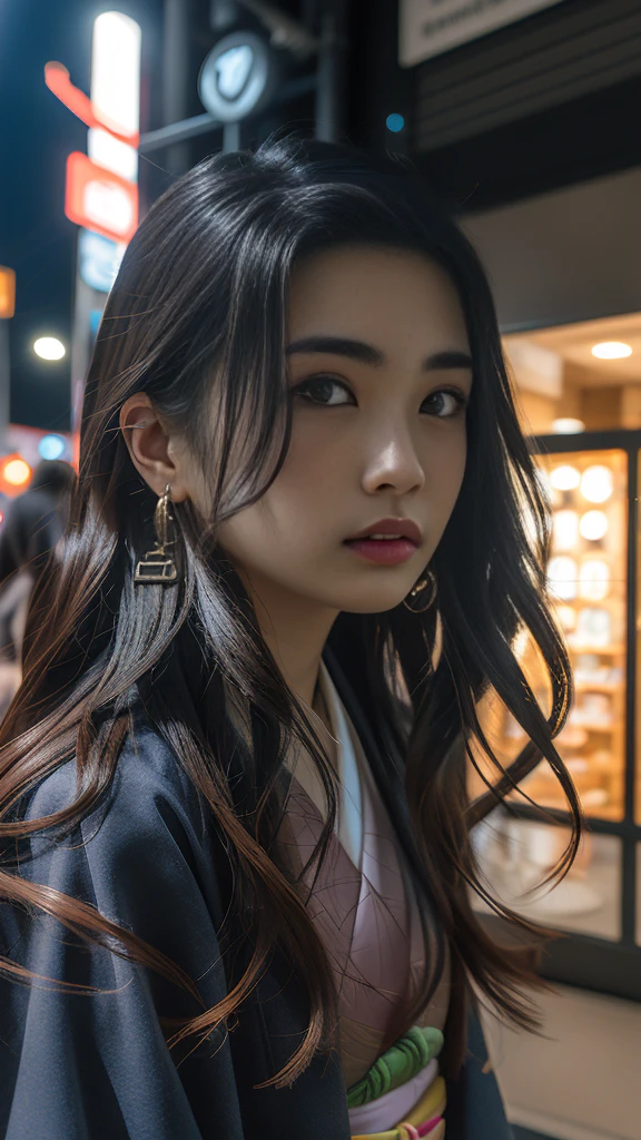 Cute Japanese woman, (), (Very cute face: 1.3), White and moisturized skin,
BREAK,
Fighter, Kung Fu fighter, Idol,
BREAK,
(Wearing cute kimono: 1.3), (Very revealing kimono), Very large earrings, Short length,
BREAK,
(Long hair), (Gray hair), (Wavy hair), (Gradient hair: 1.3), (Red hair at the ends),
BREAK,
(Realistic: 1.3), Masterpiece, Perfect lighting, (Ultra high resolution), (8K), (Very detailed: 1.4), (From the front), Looking at the camera, Melancholic expression, (Full body: 1.3),
BREAK,
(Japanese city streets: 1.2),
BREAK,
(Demon Slayer: 1.4),
BREAK,
(Hellfire: 1.2), Demon,