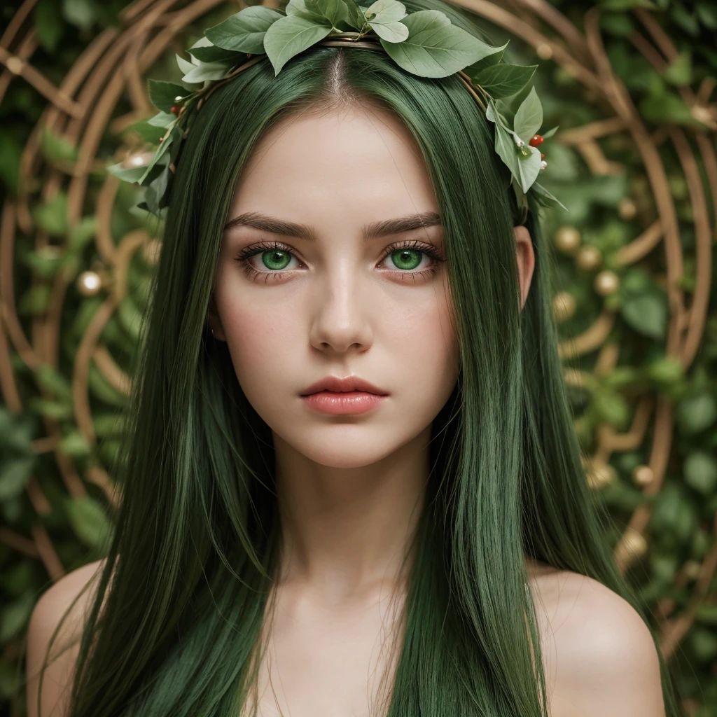 a girl. face sent feeling. Europe. Oval face. long face. delicate facial features. seductively seductive. green eyes. long straight hair. green hair. wreath on head. Red lips. sad expression. dull. thoughtful. Not feeling. shy. straight face