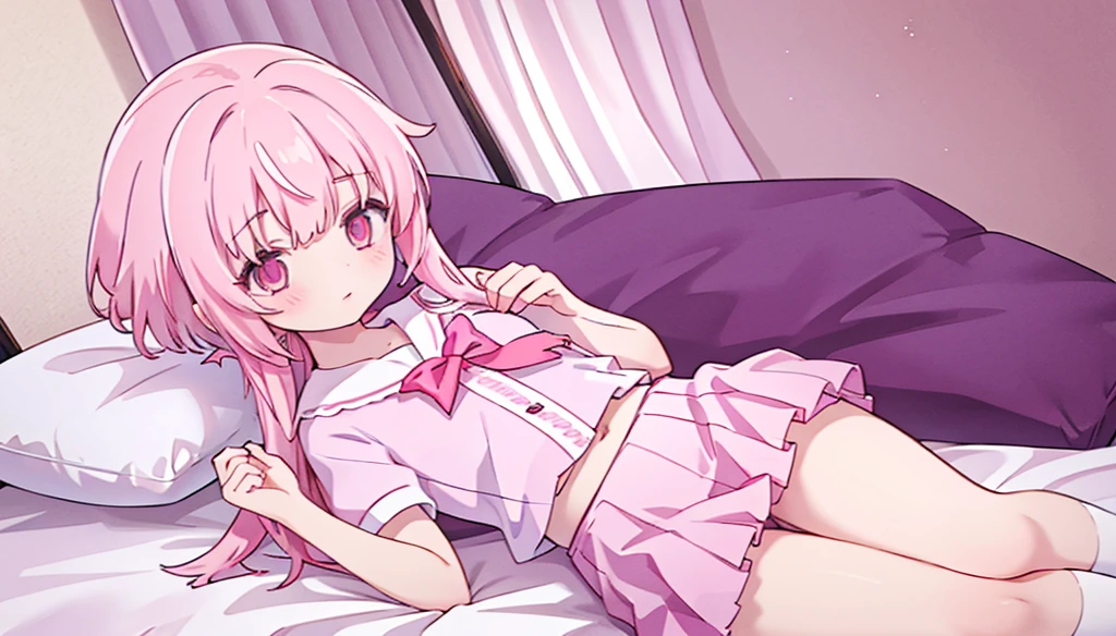 1girl,pink hair, pink eyes with love, detailed eyes, straight hair, straight bangs, shiny hair,
,red bowtie,purple skirt,purple shirt,pleated skirt,short sleeves,looking at viewer, high-definition,masterpiece,best quality, masterpiece, best quality, high resolution, aabeta, double, white bedroom background, sitting on a pink bed, slim waist, cute, sailor uniform (PastelColors: 1.3)
