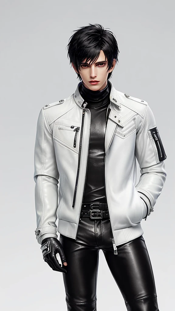 Final fantasy taste and reality graphics, Japanese young cute and cool ikemen  boy, his age is early 20s, thin eyebrows and beady eyes,  ((he wearing off white color leather  thick material jacket)), ((jacket is singlebrest)), biker style jacket, with epaulet, jacket is long sleeve, ((must close the front of the leather jacket)), , ((voluminous leather jacket)), ,((must jacket is high length and stand-up collar)) ((jacket collar with two belts)), ((jacket is a little black color line pattern)),((close the front of the jacket)), ((also wearing black thick material turtleneck lackluster shirts)),  ((tight black leather pants)),  ((black leather tight and thin glove)), ((black leather knee-high raceup boots)),((must views  head-to-toe)),((must views whole body)), ,((Do not show skin from the neck down)),leather jacket leather glove and leather pants have few wrinkles, Avoid showing your innerwear,zip up jacket fastner.must put on a leather glove.
Bous face is expression of ecstasy.
Boy is black hair.boy looks like fashion model.
Boy wrapping gagged with silver duct tape 