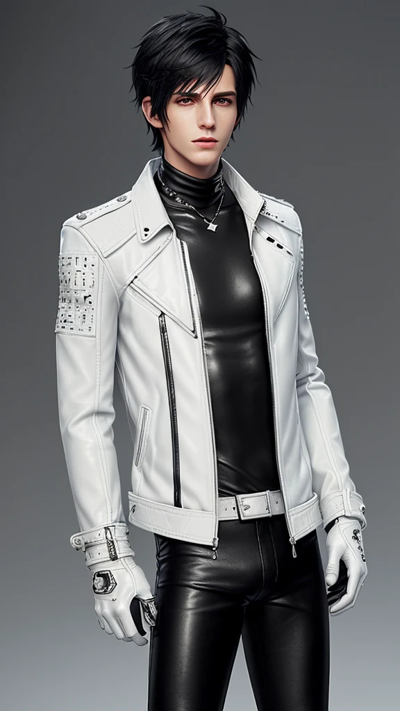 Final fantasy taste and reality graphics, Japanese young cute and cool ikemen  boy, his age is early 20s, thin eyebrows and beady eyes,  ((he wearing off white color leather  thick material jacket)), ((jacket is singlebrest)), biker style jacket, with epaulet, jacket is long sleeve, ((must close the front of the leather jacket)), , ((voluminous leather jacket)), ,((must jacket is high length and stand-up collar)) ((jacket collar with two belts)), ((jacket is a little black color line pattern)),((close the front of the jacket)), ((also wearing black thick material turtleneck lackluster shirts)),  ((tight black leather pants)),  ((black leather tight and thin glove)), ((black leather knee-high raceup boots)),((must views  head-to-toe)),((must views whole body)), ,((Do not show skin from the neck down)),leather jacket leather glove and leather pants have few wrinkles, Avoid showing your innerwear,zip up jacket fastner.must put on a leather glove.
Bous face is expression of ecstasy.
Boy is black hair.boy looks like fashion model.
Boy wrapping gagged with silver duct tape 