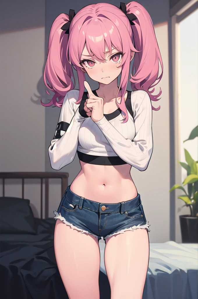 (masterpiece, Best Quality), 1 girl, pink hair, crop top, denim shorts, bedroom, striped thighs. A person is standing with a mocking facial expression. His right hand is raised and his index finger and thumb form an &#39;L&#39; which is placed on his forehead.. The rest of the fingers are bent towards the palm.