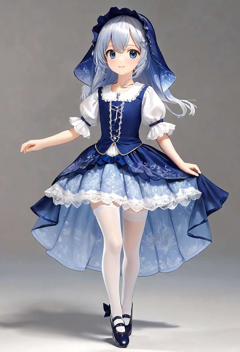 underwear, Realistic panties and bloomers made from patterned cotton fabric, White embroidered medieval blue gradient one-piece dress with panniers, Fabric Realism, Low - Angle, You can see the drawer, Pull up the dress by hand, Strong winds, Translucent slip, Translucent slip, tights, Highest quality, Crotch close-up, whole body, Skirt lining