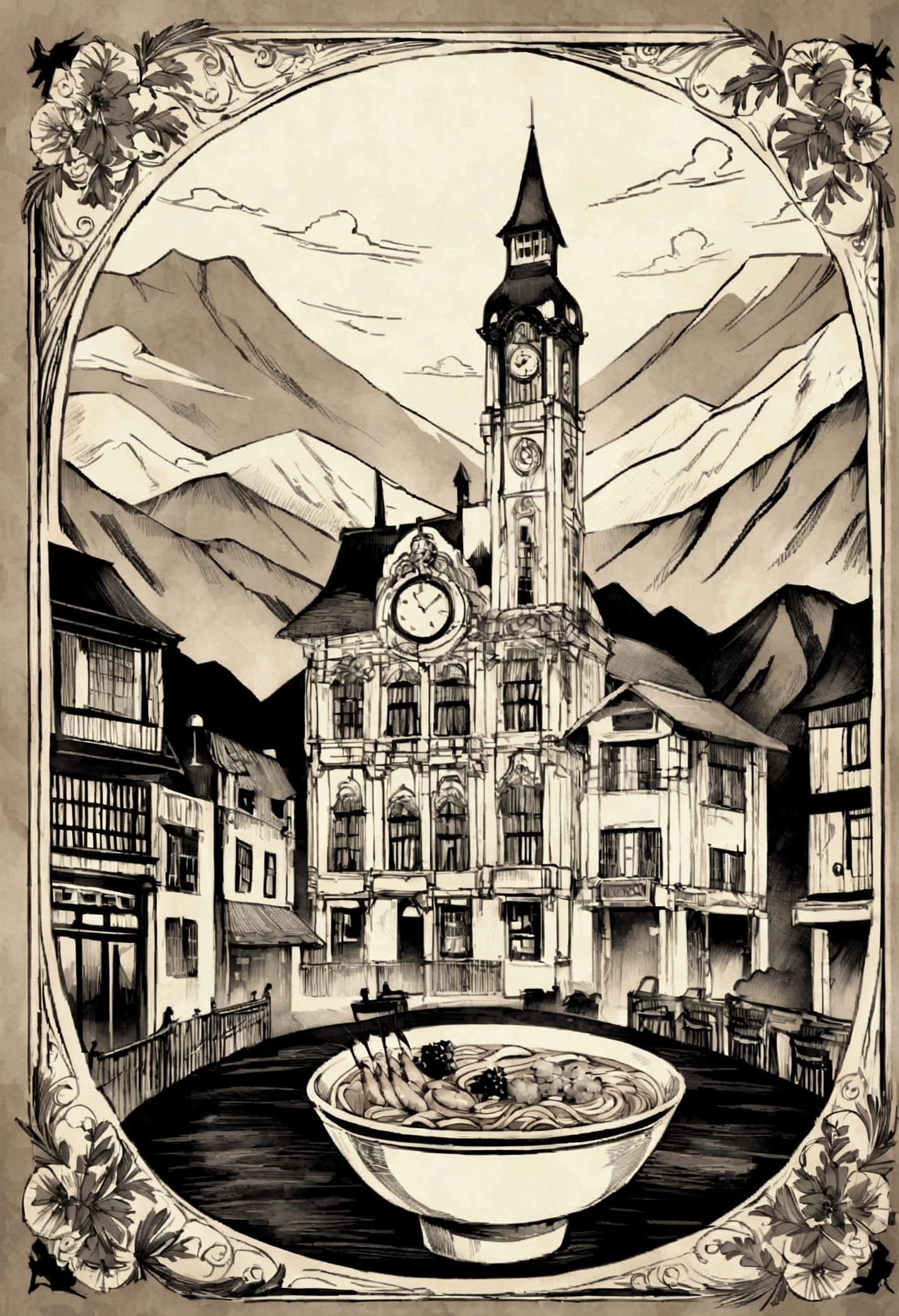Create a vintage-style illustration featuring a bowl of shrimp noodle soup in the foreground, with an ornate border design. In the background, depict a picturesque scene with a prominent clock tower, traditional buildings, and mountainous terrain, old building restaurant. Use a sepia-toned color palette to give the illustration an antique feel.