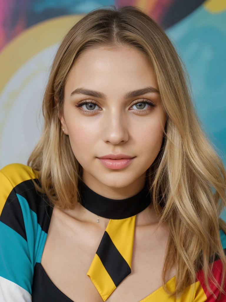 girl with waist-length blonde hair. Oval face. Small and proportional nose with a smooth straight profile with symmetry and naturalness. Large, expressive eyes with a vibrant green color with a penetrating look with long, defined eyelashes. Full and well-defined lips with marked cupid curves of moderate size and symmetrical. nose, eyes, lips and ears are balanced and complement the oval shape of the face, symmetrical with each other, healthy and well-groomed skin, as well as shiny and well-groomed hair. (Textured Skin), (((Life Real))). (((petite))), (((smal))). A panoramic photo shows her sitting in front of a colorful, abstract background, wearing a striking, colorful dress in the style of abstract expressionism. Her dress is made up of geometric shapes in striking colors of yellow, red, blue and black. The dress has long sleeves and appears to reach the thighs. en el aeropuerto de santiago