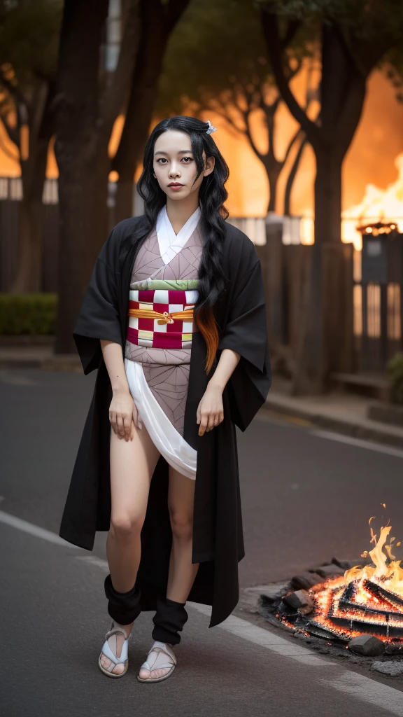 Cute Japanese woman, (), (Very cute face: 1.3), White and moisturized skin,
BREAK,
Fighter, Kung Fu fighter, Idol,
BREAK,
(Wearing cute kimono: 1.3), (Very revealing kimono), Very large earrings, Short length,
BREAK,
(Long hair), (Gray hair), (Wavy hair), (Gradient hair: 1.3), (Red hair at the ends),
BREAK,
(Realistic: 1.3), Masterpiece, Perfect lighting, (Ultra high resolution), (8K), (Very detailed: 1.4), (From the front), Looking at the camera, Melancholic expression, (Full body: 1.3),
BREAK,
(Japanese city streets: 1.2), (Great fire background: 1.5),
BREAK,
(Demon Slayer: 1.4),
BREAK,
(Hellfire: 1.2), Demon,