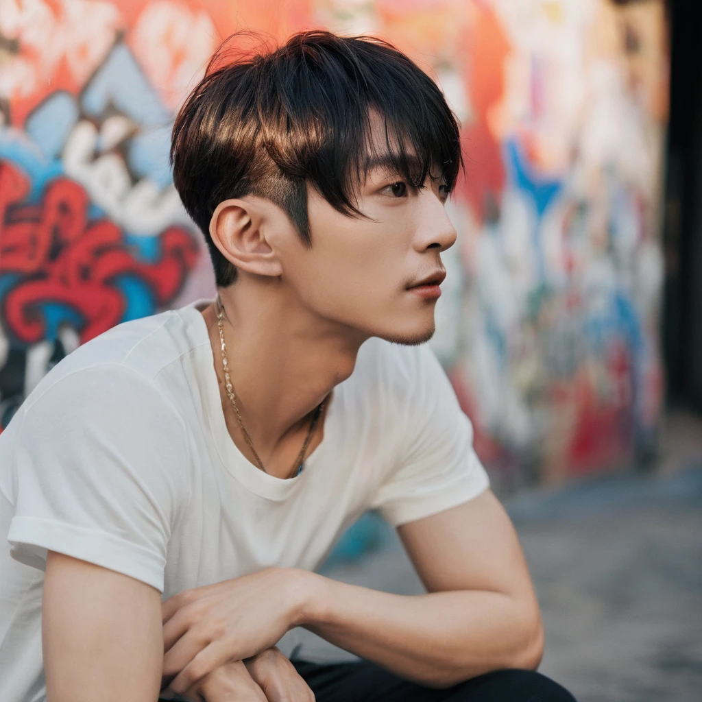 A portrait photo of a gorgeous young French-Japanese man, handsome K-pop idols face, from side, still from the film, ((solo)), (Lee Joon Gi look alike face: 0.9), He is 40 years old, 176 cm tall, smiling, with Buzz cut hair in black. He has electric brown eyes and is wearing a beige t-shirt, ripped jeans, and red sneakers. He has multiple tattoos (a dragon on his arm, a phoenix on his neck), He is also wearing large eyeglasses, The background colorful graffiti, with night light bulbs, bokeh, silhouette, shallowed depth of field, Leica SL3, Summicron-SL 75 f/2 ASPH, kodak gold 200 film,