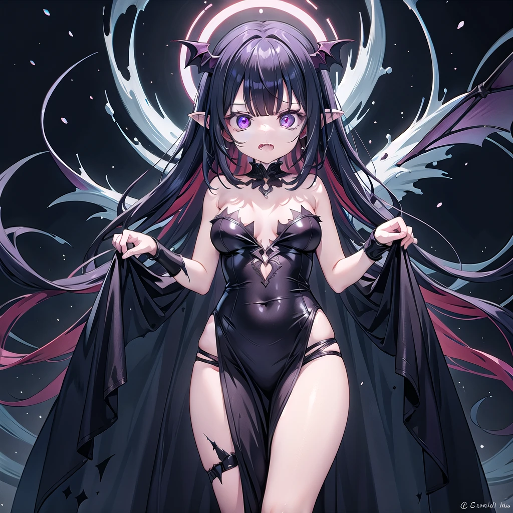 1woman, solo, grotesque transformation into a succubus, starting in a simple, modest dress, body fully facing the camera. As she transforms: her hair becomes a chaotic mass of writhing, fiery red tendrils, her eyes hollow out with a flickering, menacing violet glow, and her skin turns an unnaturally pale, ghostly white with dark, pulsating veins. The dress disintegrates, revealing a tattered, flowing robe that seems to absorb light. Bat-like wings grotesquely sprout from her back, twisted and malformed. Her final form is an emaciated, skeletal figure with a wide, gaping maw filled with jagged, shifting teeth. Her presence emits an overwhelming aura of terror, distorting the space around her into a nightmarish, suffocating atmosphere. Simple background, entire body facing the camera.