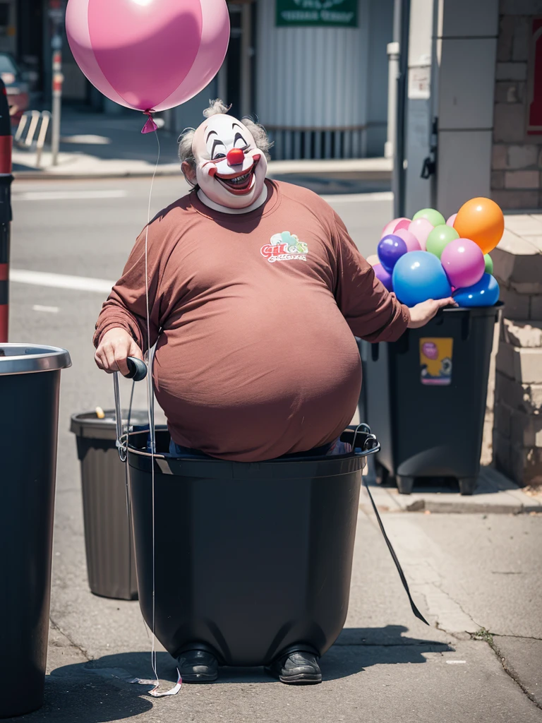 A thin, ugly man clown with big cheeks and big teeth holds a balloon while standing inside a trash can