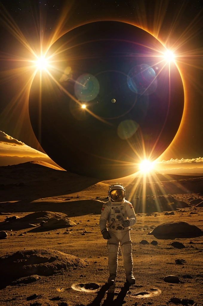 Astronaut exploring an alien planet with a huge sun in the backgrounds with a lens flare