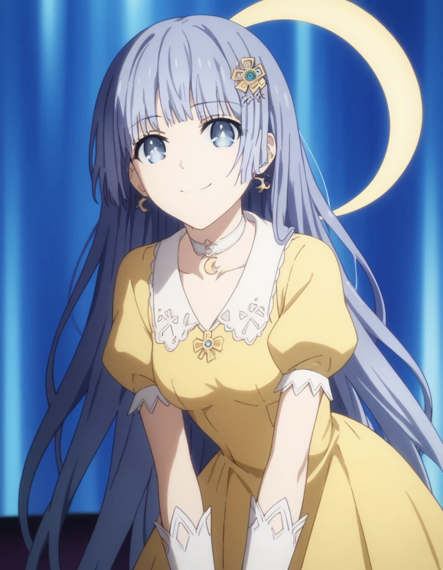 score_9, score_8_up, score_7_up, source_anime,
mikuizayoi,  miku izayoi, bangs, blunt bangs, hime cut, hair ornament, long hair, blue eyes, blue hair,masterpiece, best quality, absurdres, Astral Dress, crescent hair ornament, hair flower, earrings, choker, yellow dress, puffy sleeves, white gloves, white pantyhose, smile, Concert, bent over, smile,
looking at viewer, solo, 