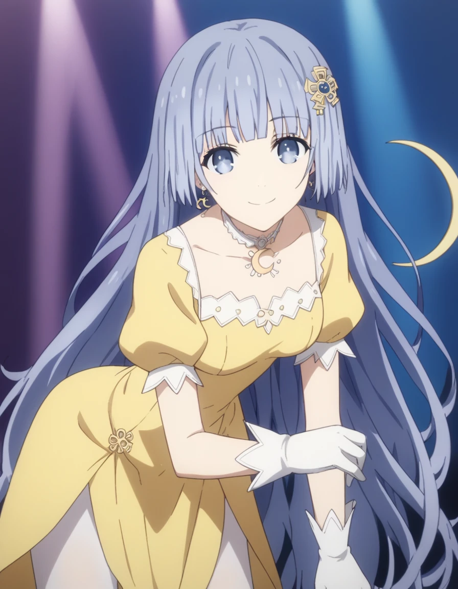 score_9, score_8_up, score_7_up, source_anime,
mikuizayoi, miku izayoi, bangs, blunt bangs, hime cut, hair ornament, long hair, blue eyes, blue hair,masterpiece, best quality, absurdres, Astral Dress, crescent hair ornament, hair flower, earrings, choker, yellow dress, puffy sleeves, white gloves, white pantyhose, smile, Concert, bent over, smile,
looking at viewer, solo,