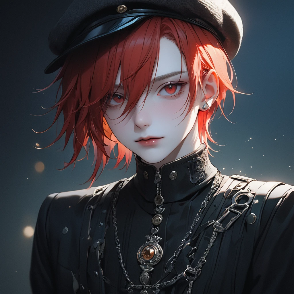 best quality, masterpiece, solo, 1girl, red hair, shirt, red eyes, black beckground, full facesMeticulous, analog style, focus on the eyes, highest quality, (highly detailed skin), photo of very handsome pale skin Dutch punk boy, 21 years old, (wearing hat), perfect face, pore skin, (penetration:0.5), black background, (bokeh:0.6), sharp focus, grainy lighting, (backlight:0.7), film grain, photographed with Sony A7R IV camera, 18mm F/1.7 cine lens, (highly detailed, intricate detail), 8k, HDR, front view, (upper body: 0.9)