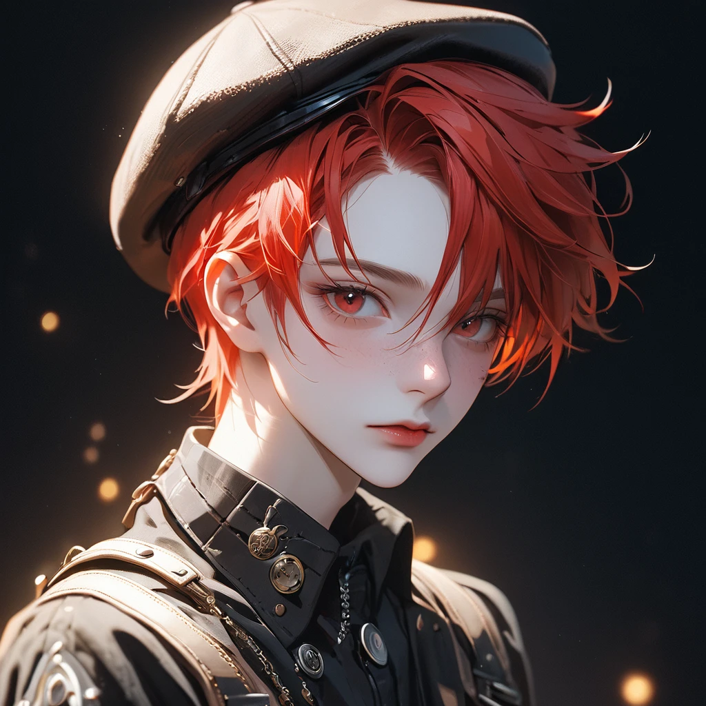 best quality, masterpiece, solo, 1girl, red hair, shirt,  red eyes, black beckground, full facesMeticulous, analog style, focus on the eyes, highest quality, (highly detailed skin), photo of very handsome pale skin Dutch punk boy, 21 years old, (wearing hat), perfect face, pore skin, (penetration:0.5), black background, (bokeh:0.6), sharp focus, grainy lighting, (backlight:0.7), film grain, photographed with Sony A7R IV camera, 18mm F/1.7 cine lens, (highly detailed, intricate detail), 8k, HDR, front view, (upper body: 0.9)