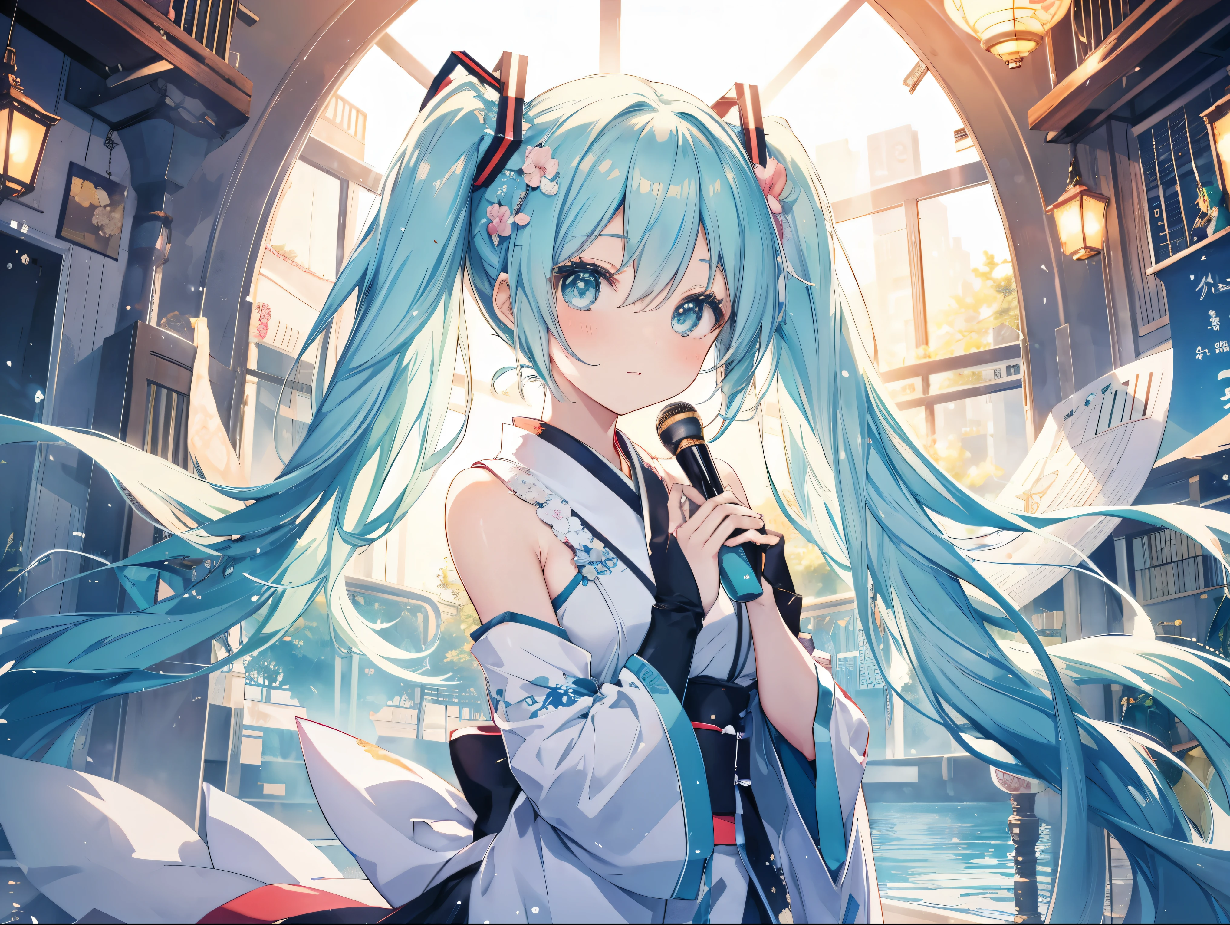 miku hatsune、new year'visit、kimono、Beautiful poop、cute、Drawing a fortune、kimonomiku hatsune