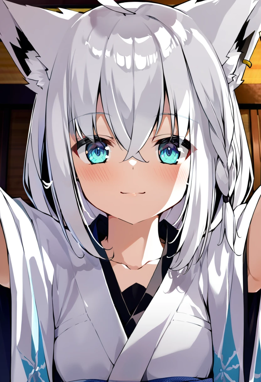 one girl, Shirakami Fubuki, fox ears, white hair, upperbody focus, yukata