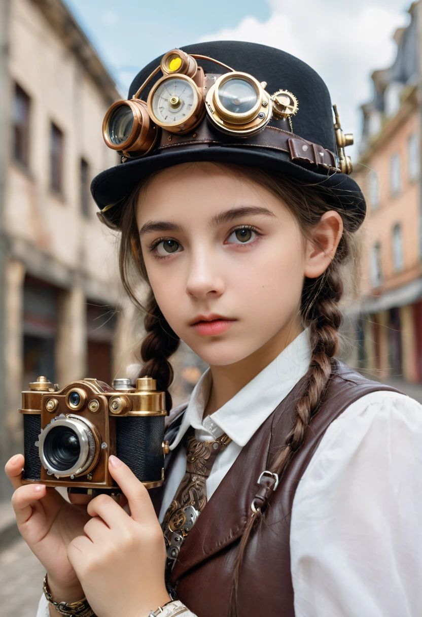 Colombian 13-year-old girl, Half-length photo, (Camera front), Detailed European faces, (Longing expression), (((Steampunk style close up))), ((Steampunk city background)), Raw, Analog style, Ultra-detailed photos, light, Art Station, 4K, Clear focus, high resolution, Delicate skin, Delicate eyes,