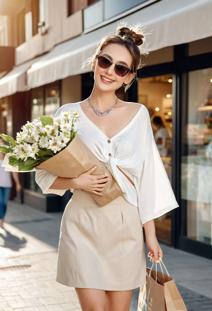 Very detailed, high quality, masterpiece, 1 female, Walking in the street, Hands holding shopping bags, Happy expression, Brown hair, Tied into a messy bun, (Casual wear: 1.1), White T-shirt, Short skirt, High heel, Light makeup, (silver necklace: 1.2), Wearing sunglasses, Holding flowers, People and storefronts in the background, outdoor, sunny.