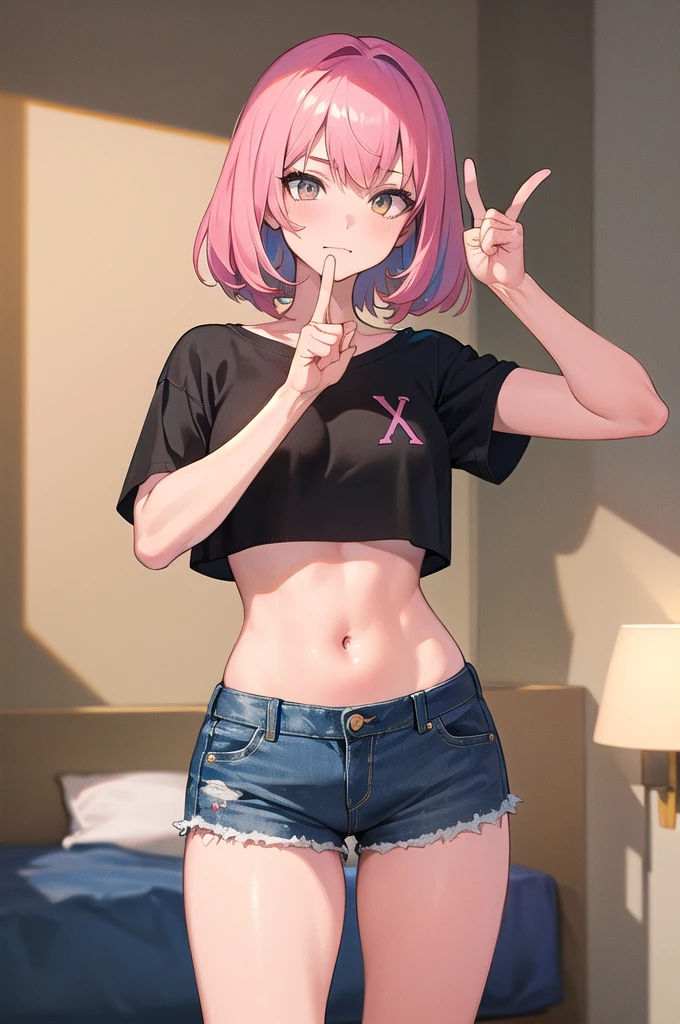 (masterpiece, Best Quality), 1 girl, pink hair, crop top, denim shorts, bedroom, striped thighs. A person is standing with a mocking facial expression. His right hand is raised and his index finger and thumb form an &#39;L&#39; which is placed on his forehead.. The rest of the fingers are bent towards the palm.