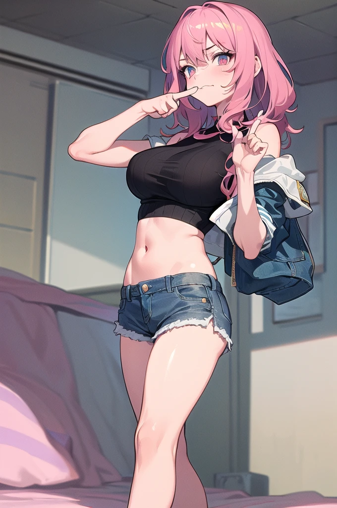 (masterpiece, Best Quality), 1 girl, pink hair, crop top, denim shorts, bedroom, striped thighs. A person is standing with a mocking facial expression. His right hand is raised and his index finger and thumb form an &#39;L&#39; which is placed on his forehead.. The rest of the fingers are bent towards the palm.