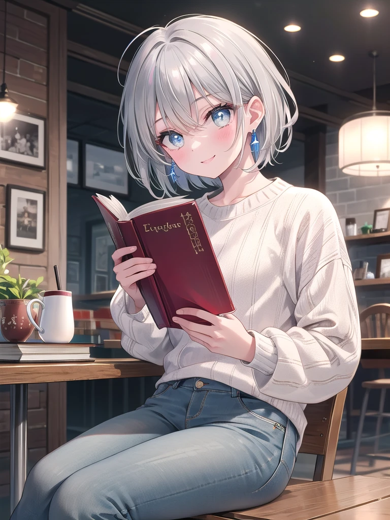 (8k, best quality, master piece: 1.2),super high resolution,1 girl, solo, ((colorshift eyes, hyperdetailed, expressive eyes)), ultra-detailed face, random hair, silver gray color, Ecstatic expression,He is reading a book in a stylish reading cafe. A coffee cup is placed on the table in a quiet and calm atmosphere. He has short silver hair, a casual sweater and jeans. He is engrossed in his book and has a gentle smile on his face.