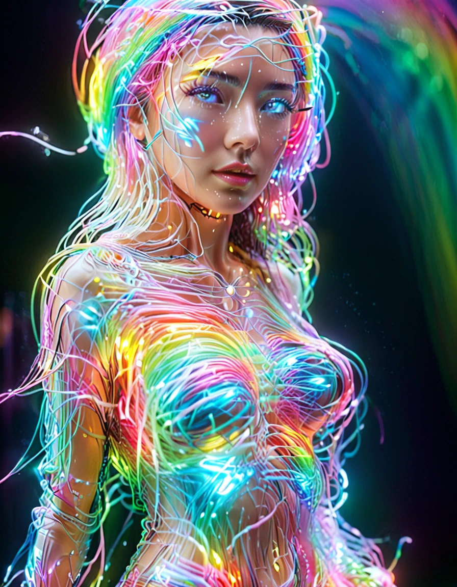 Ultra-Realistic Capture,18k,RAW Photos,Highest quality,masterpiece,reality,Very detailed,Live Action,Very beautiful woman,Android,cyborg,cyber-,(((whole body:2.0))),((Very detailedな電子機器)),((Skin that clearly shows the internal electronics)),headgear,Very thin connecting wire,Full-body connection lines,Wet body,Fully transparent rainbow skin,Wet long messy hair,Advanced AI,neon,Small glowing LED light,future,Glowing Skin,Big eyes,Long eyelashes,movie,Angel,,In the water,barefoot,model,