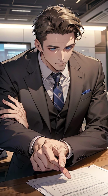(best quality,4k,8k,highres,masterpiece:1.2),ultra-detailed,(realistic,photorealistic,photo-realistic:1.37),1 man,31 years old,mature man,very handsome,without expression,smile,short grey brown hair,blue eyes,penetrating gaze,perfect face without errors,imposing posture,businessman,office background,cinematic lighting,hdr image