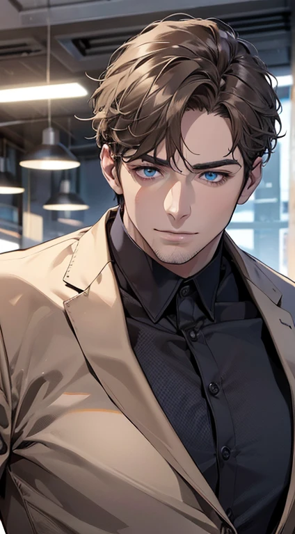 (best quality,4k,8k,highres,masterpiece:1.2),ultra-detailed,(realistic,photorealistic,photo-realistic:1.37),1 man,31 years old,mature man,very handsome,without expression,smile,short grey brown hair,blue eyes,penetrating gaze,perfect face without errors,imposing posture,businessman,office background,cinematic lighting,hdr image